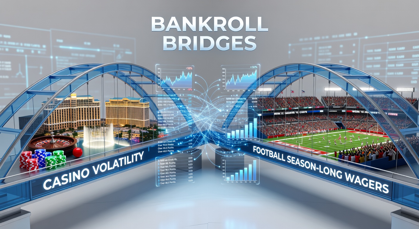 Split infographic comparing casino slot variance charts to a football season futures betting curve, with overlaid bankroll management lines showing recovery paths
