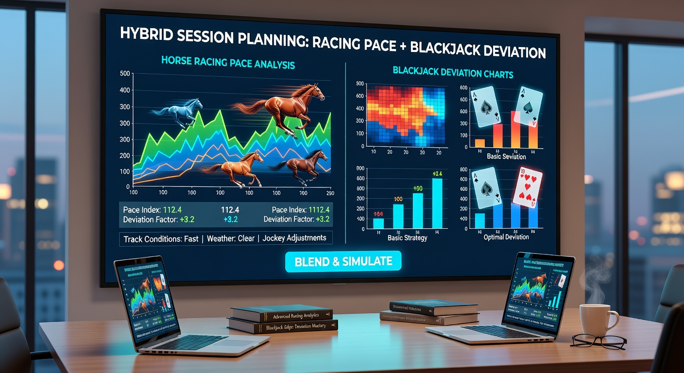 Split-screen view of a race pace map next to a running blackjack deviation table used for session timing