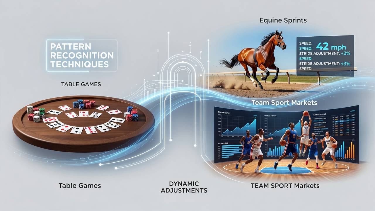 Illustration showing pattern recognition flow from blackjack tables through data overlays to horse racing tracks and soccer fields