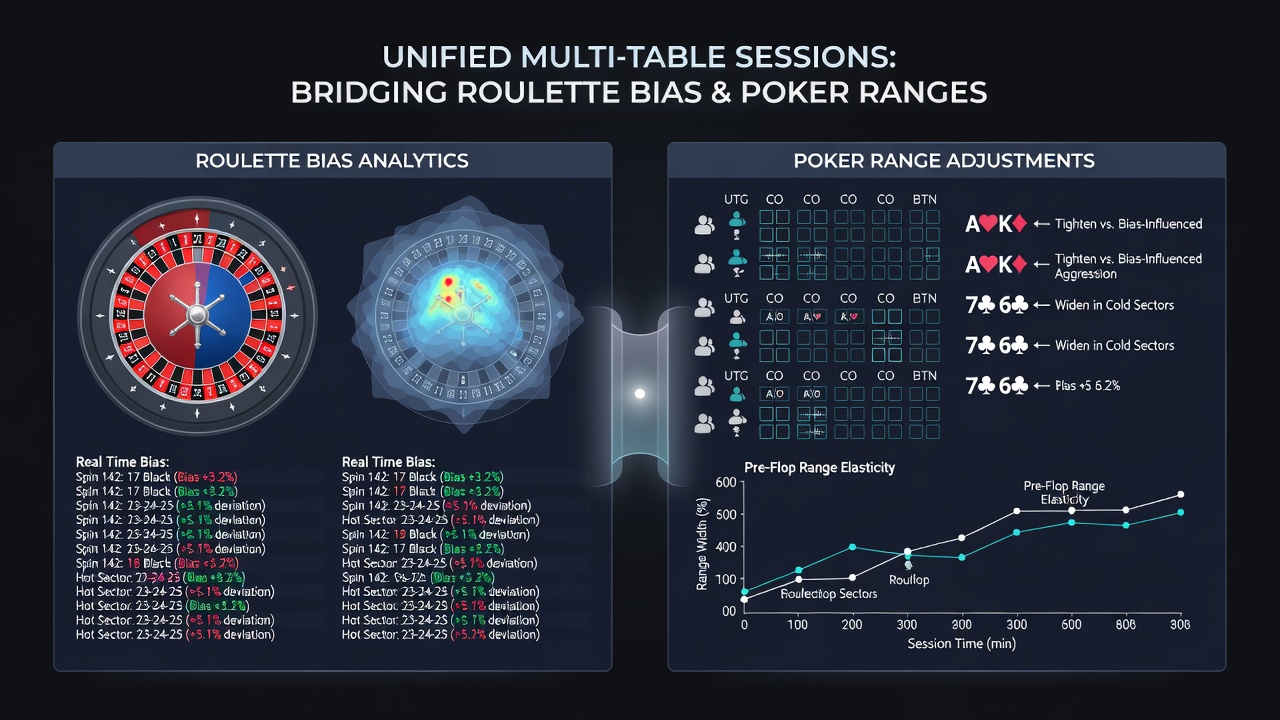 Split-screen view showing roulette bias tracking software next to poker range charts during simultaneous play