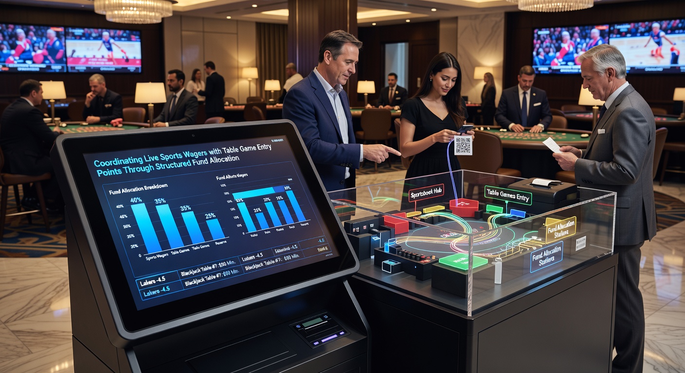Diagram showing fund allocation flow between live sports betting interfaces and casino table game stations