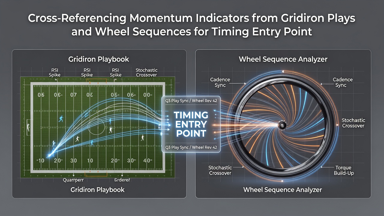 Split-screen visualization comparing live football drive momentum graph with roulette wheel bias heatmap and synchronized entry point markers