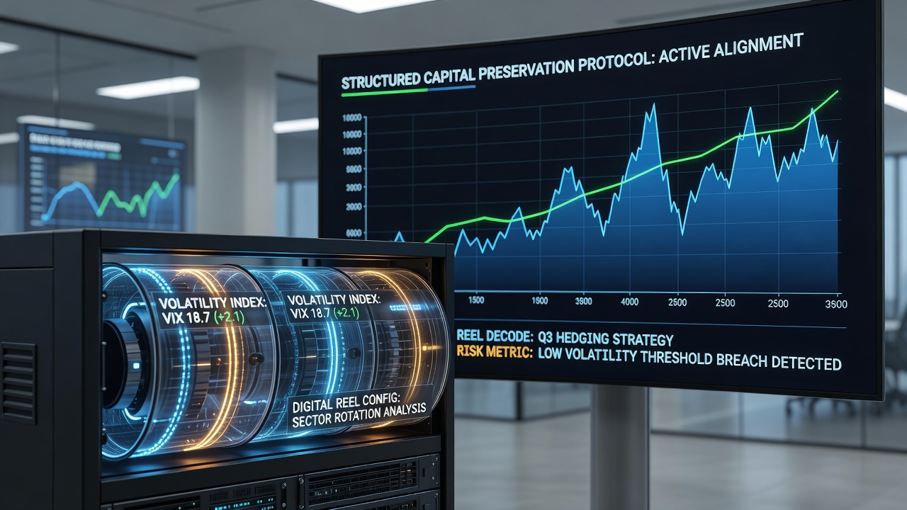 Digital slot machine reels displaying volatility index indicators and structured bankroll allocation charts