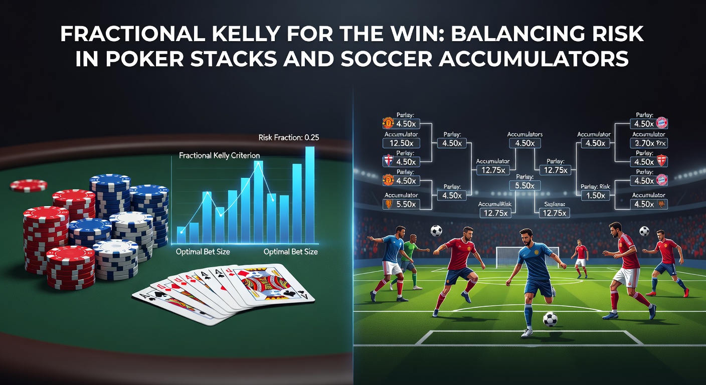 Soccer accumulator slip on a betting app screen, overlaid with Kelly sizing calculations and bankroll growth projection graph amid a packed stadium backdrop