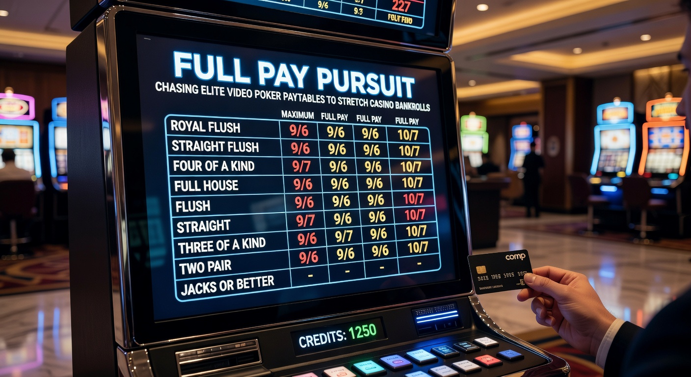 Vibrant casino floor with glowing video poker machines displaying full paytables, players intently focused on screens amid bustling slot activity