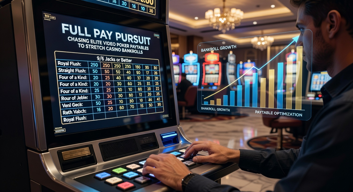 Close-up of a full pay video poker paytable screen highlighting royal flush payouts, with strategy chart overlay and casino chips stacked nearby