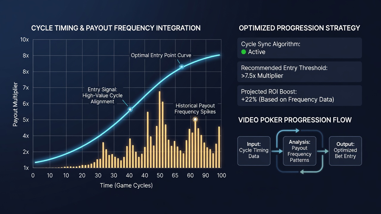 Analytical dashboard showing integrated cycle timing graphs alongside payout frequency tables for video poker progressions