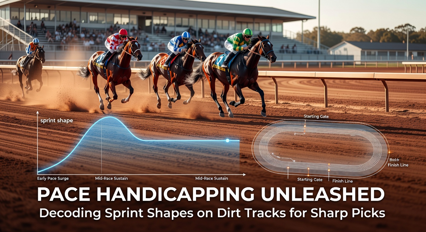 A dirt track sprint race in full throttle, horses battling neck-and-neck down the stretch with jockeys urging them on amid flying dirt clods
