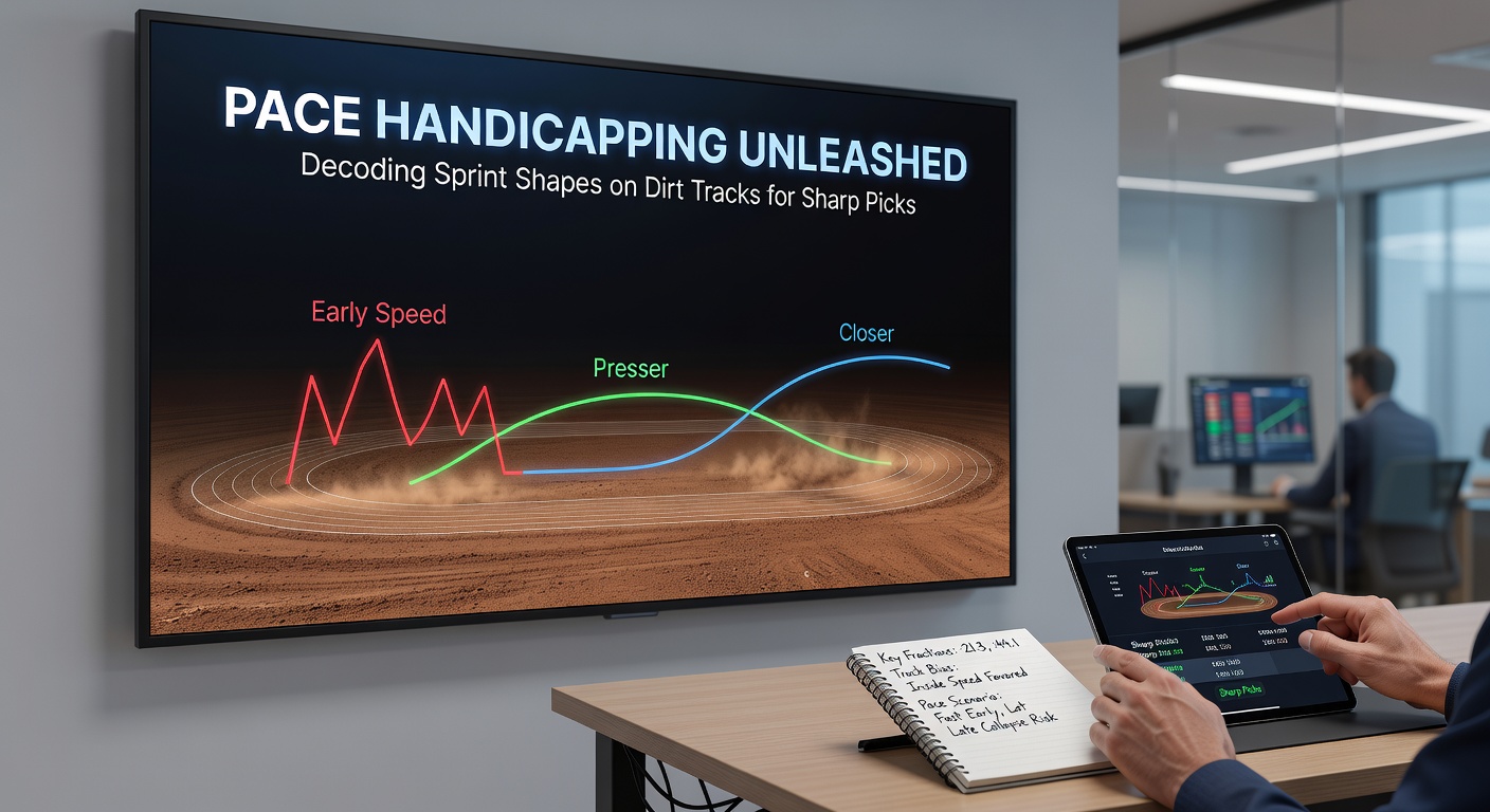 Close-up chart of pace figures from a dirt sprint, lines graphing early speed fading while closers surge late, overlaid on a racetrack diagram