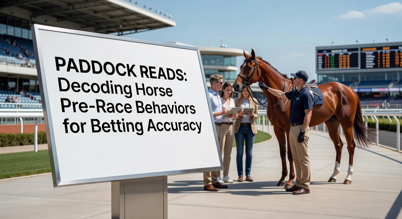 Horses parading in the paddock before a major race, trainers observing closely as bettors take notes on behaviors