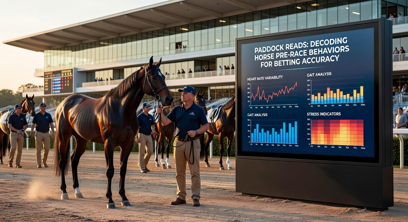 Close-up of a horse's face and ears in the paddock, with a trainer adjusting tack while the animal remains composed