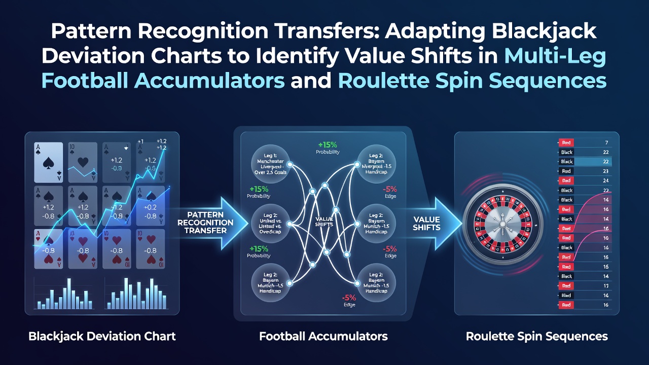 Illustration showing blackjack deviation charts overlaid with football accumulator data points and roulette wheel sequences for pattern analysis