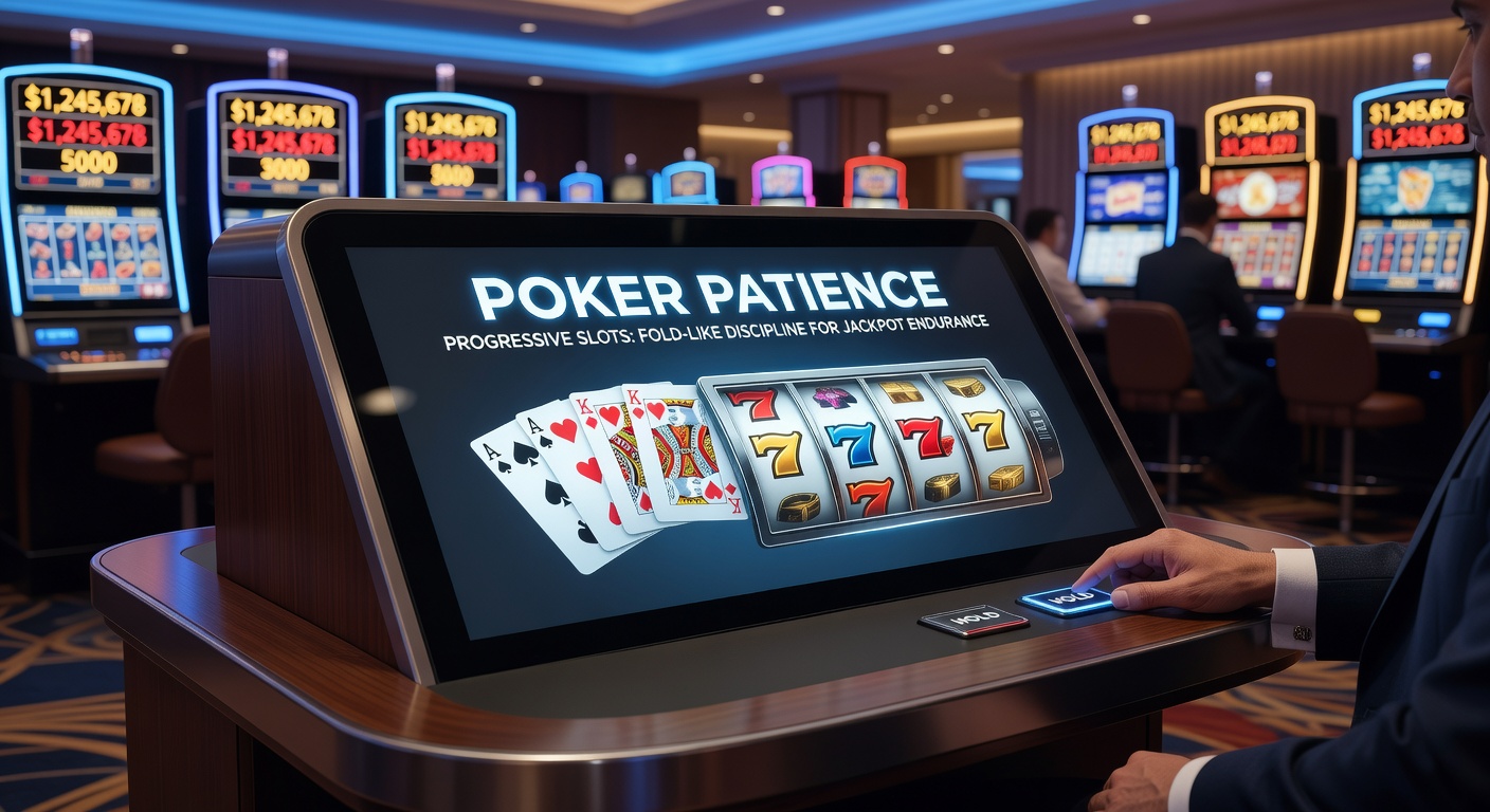 Progressive slot machine screen glowing with climbing jackpot counter, overlaid with poker chips and folded cards for thematic contrast