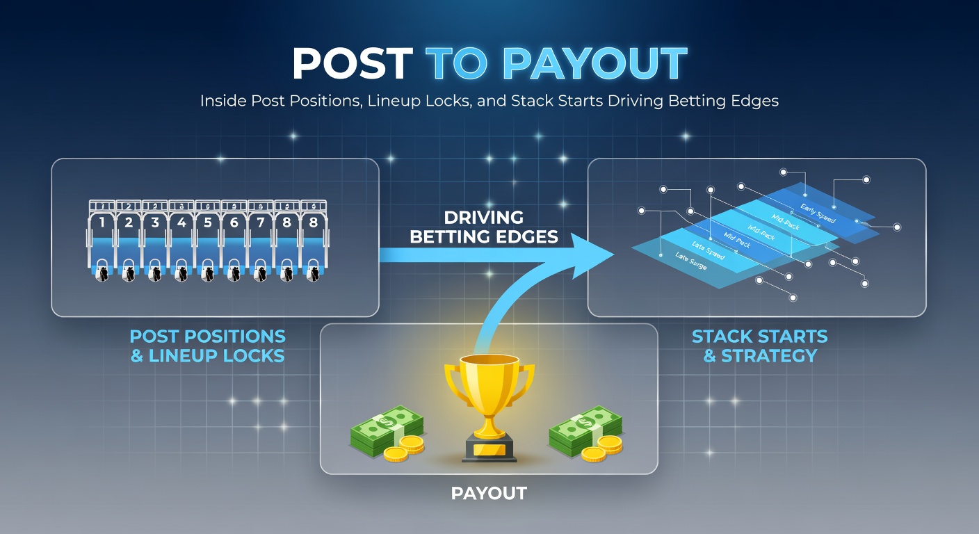 Horse racing starting gate with jockeys positioned by post, illustrating post position advantages in tight races