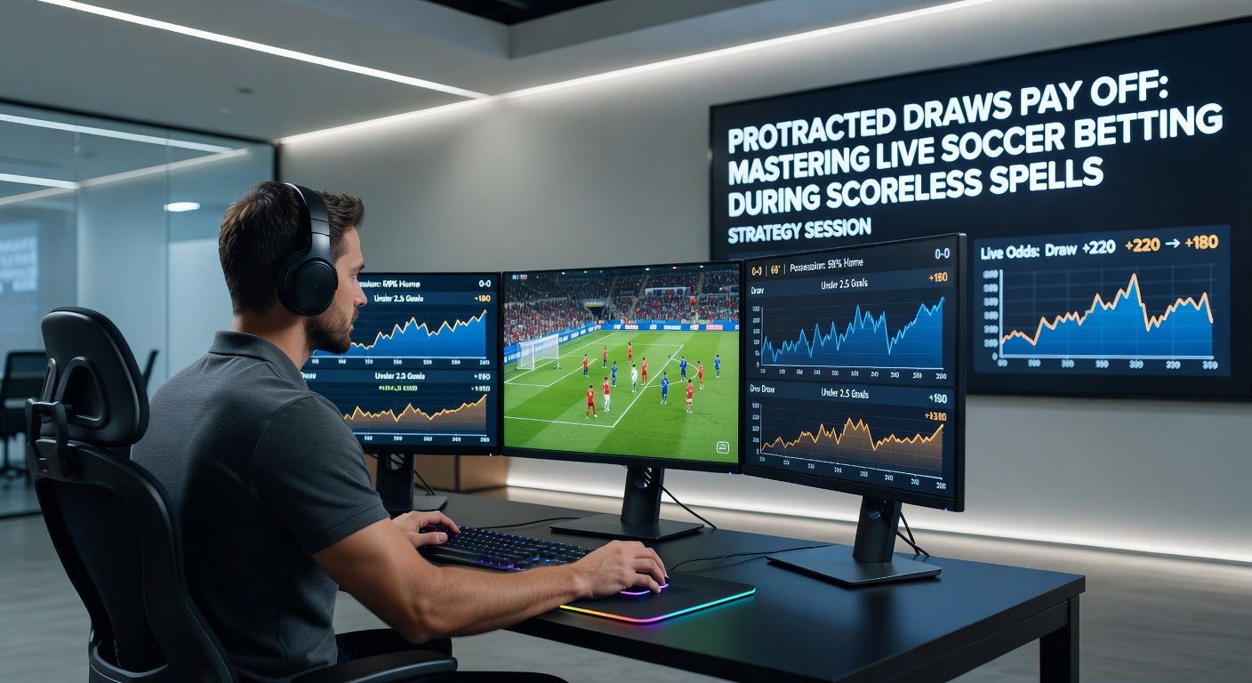 Live betting dashboard showing shifting odds during a tense 0-0 soccer match in progress