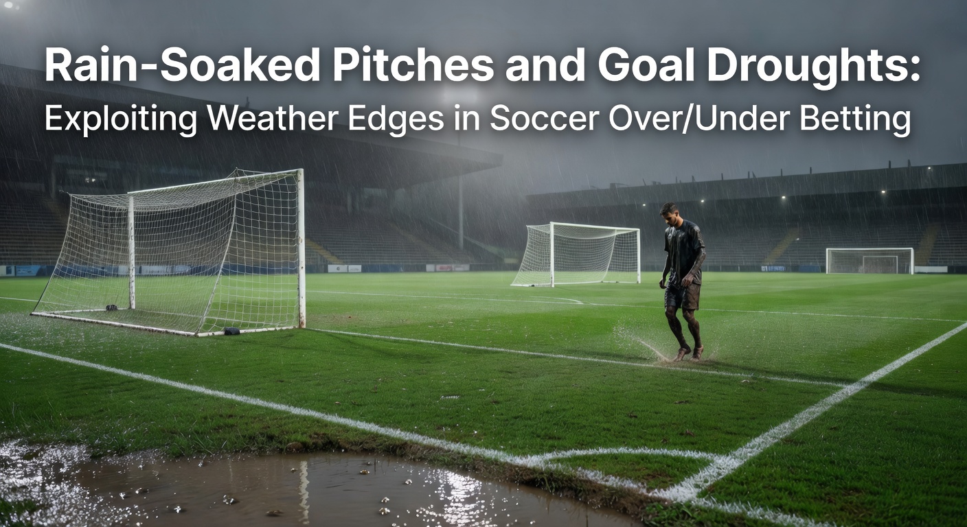 A soccer pitch under heavy rain with players struggling in puddles, highlighting weather's impact on gameplay