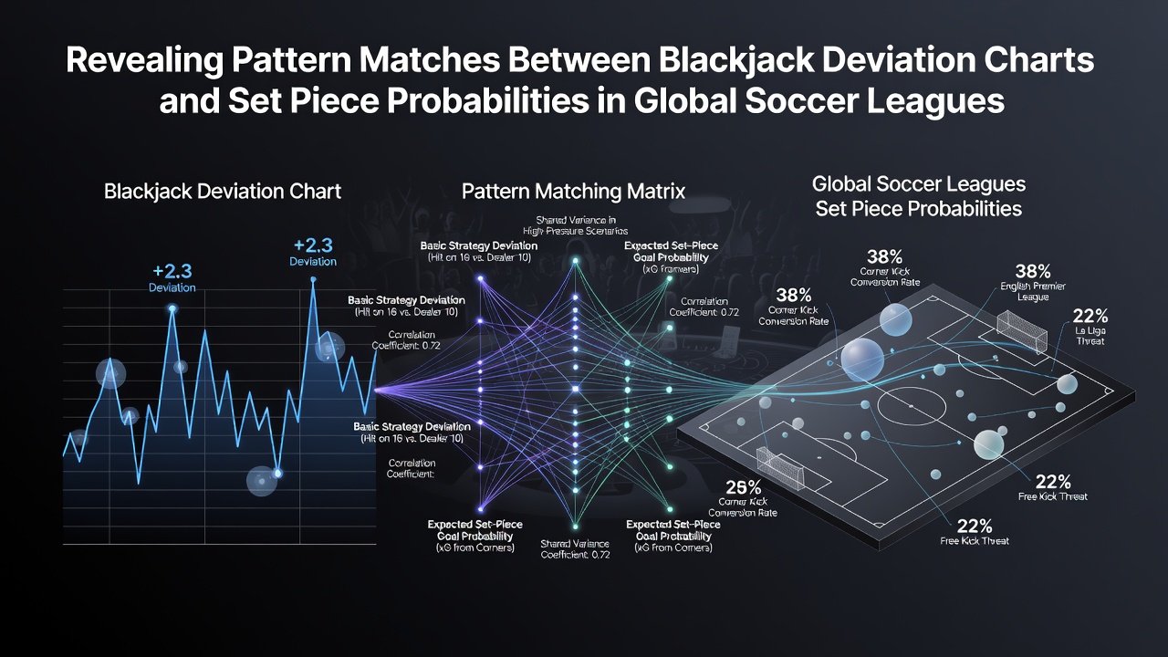 Blackjack deviation charts displayed alongside soccer set-piece probability models from major global leagues