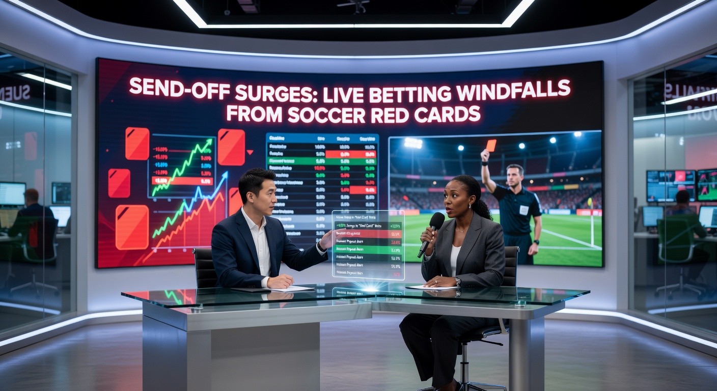 A soccer referee brandishing a red card to a frustrated player amid a tense match atmosphere, highlighting the pivotal moment that triggers massive live betting odds shifts