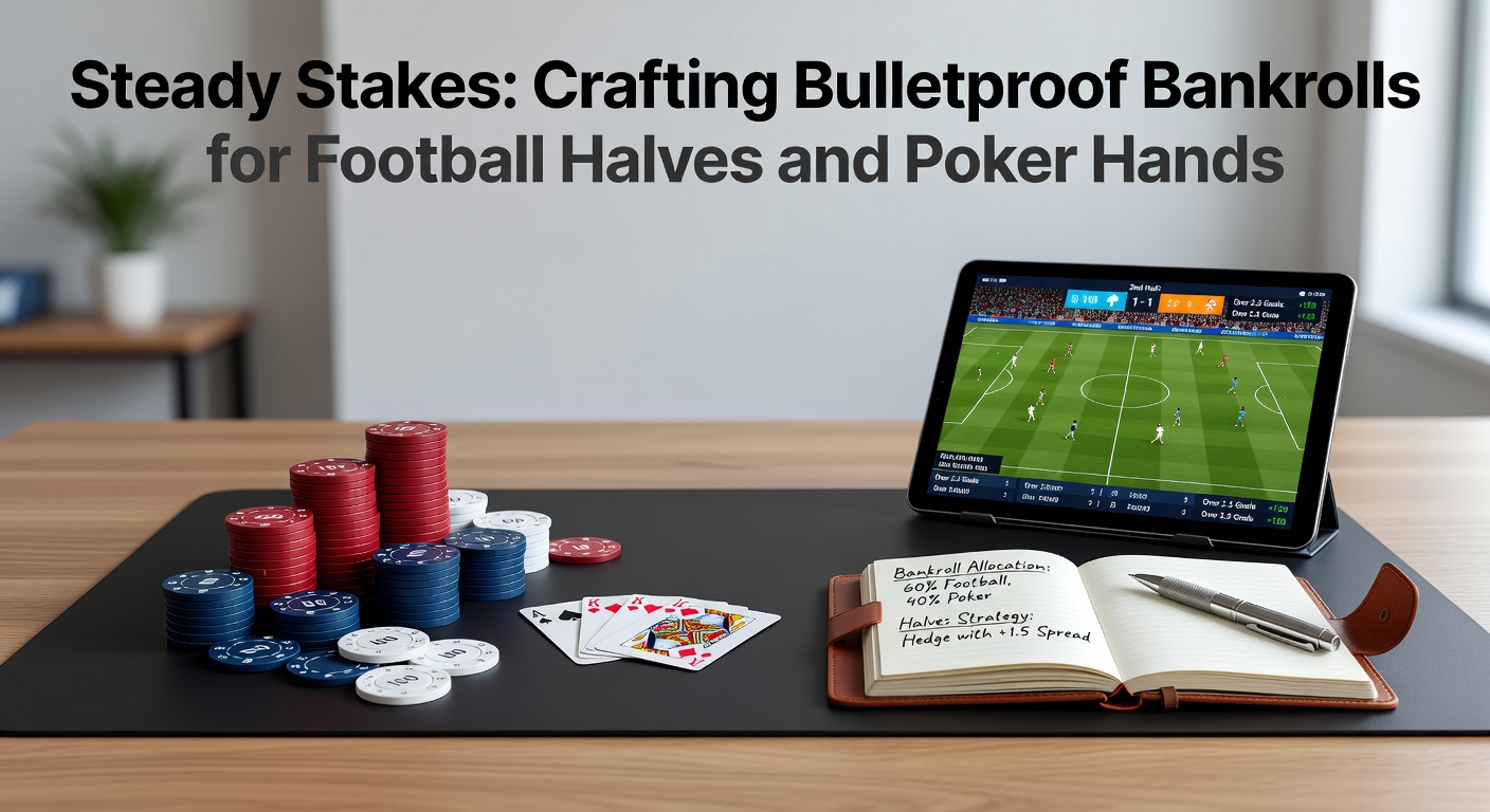 Visual representation of a fortified bankroll strategy balancing football halftime bets and poker sessions, with charts showing steady growth over volatile swings