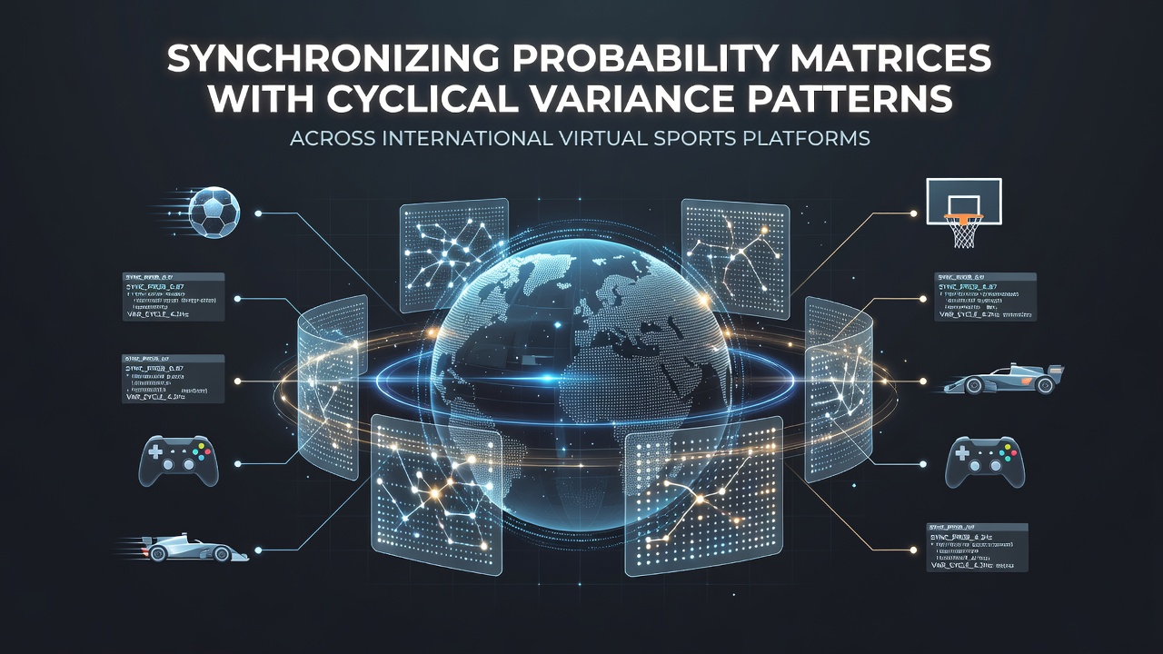 Visualization of synchronized probability matrices overlaid with cyclical variance curves from global virtual sports data feeds