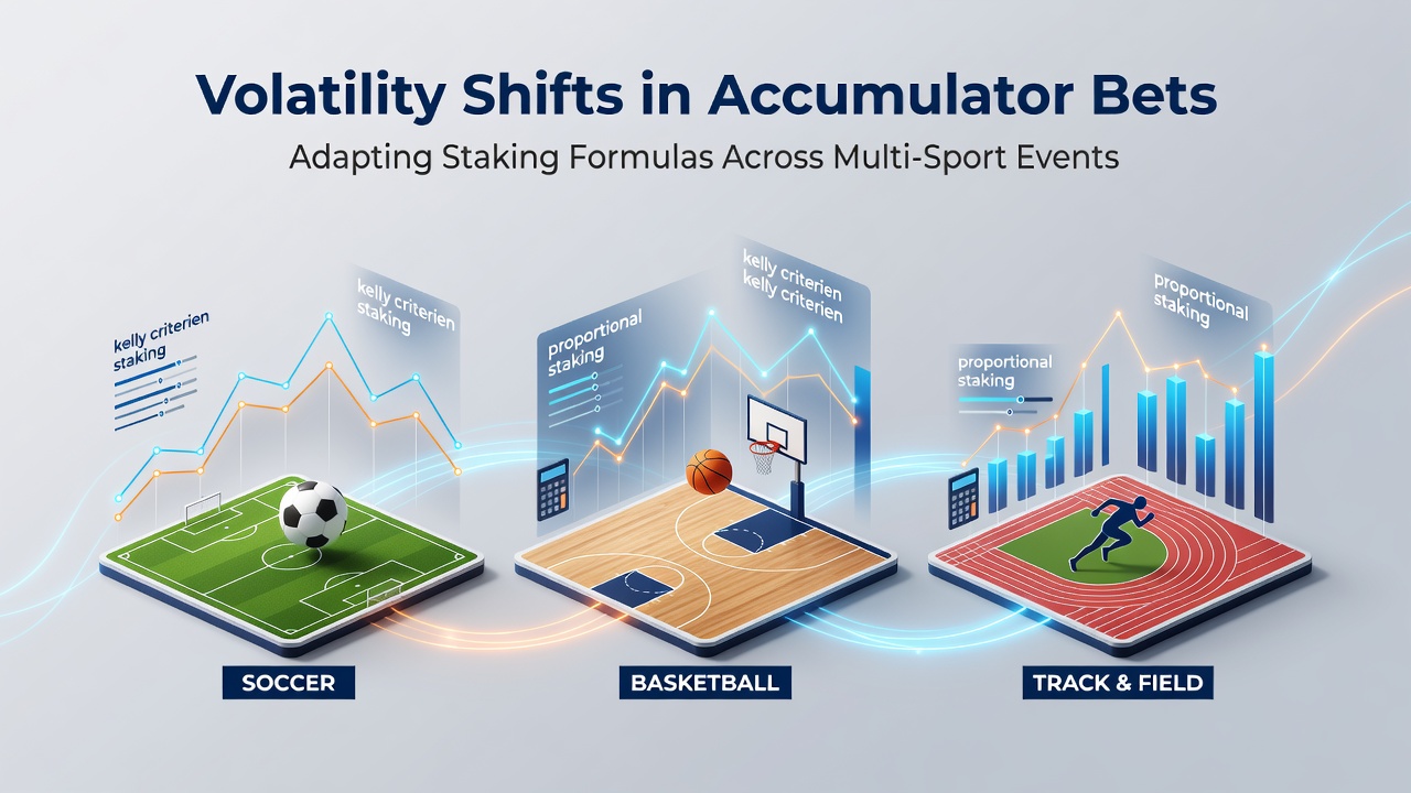 Accumulator betting volatility chart showing staking adjustments across soccer, basketball and tennis events