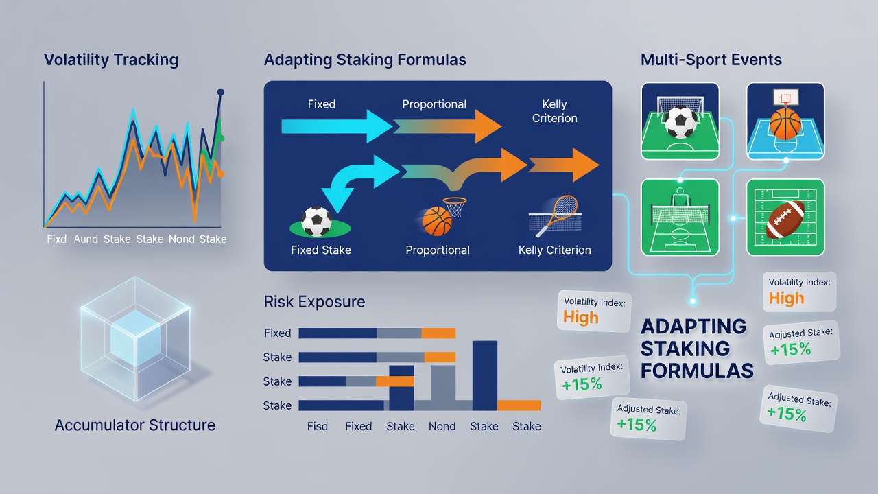 Multi-sport accumulator staking model diagram with volatility adjustments for different event types